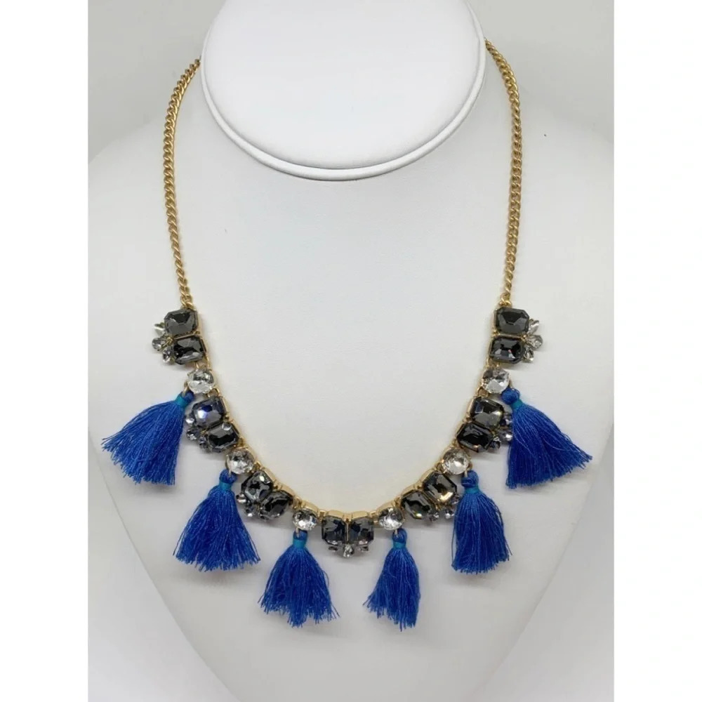 J. Crew Blue Tassels Gray Crystal Necklace